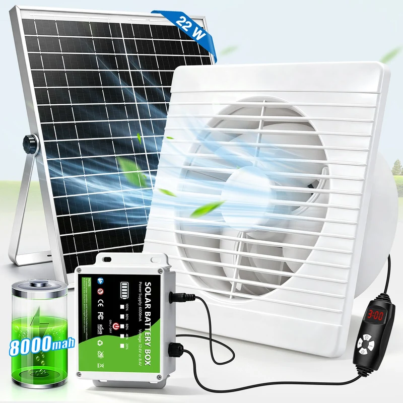 XIIW Solar Abluftventilator 200 mm mit 8000mAh Akku, 22W Solarpanel, 500 m³/h Solar Lüfter für Hühnerstall & Gewächshaus