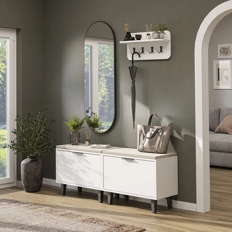 Roomart 4-teiliges Garderobenset NORD, mit 2 Sitzbänken mit Schuhklappe, Wandgarderobe und ovalem Spiegel, in 2 Farben