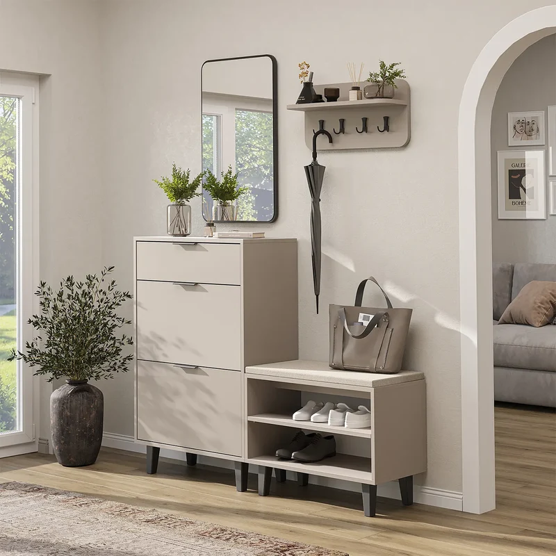 Roomart 4-teiliges Garderobenset NORD, mit Schuhschrank, Sitzbank, Wandgarderobe und Spiegel, in 2 Farben