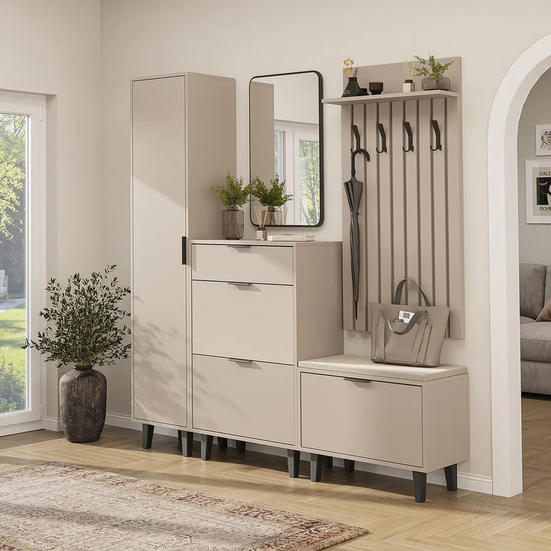 Roomart 5-teiliges Garderobenset NORD, mit Hochschrank, Schuhschrank, Sitzbank, Garderobenpaneel und Spiegel, in 2 Farben