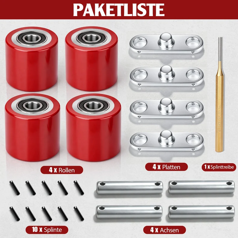 XIIW 4x PU Hubwagenrollen 80x70 mm, Lastrollen mit 6204 Kugellager 20 mm, Ersatzrollen-Set für Handhubwagen bis 3000 kg