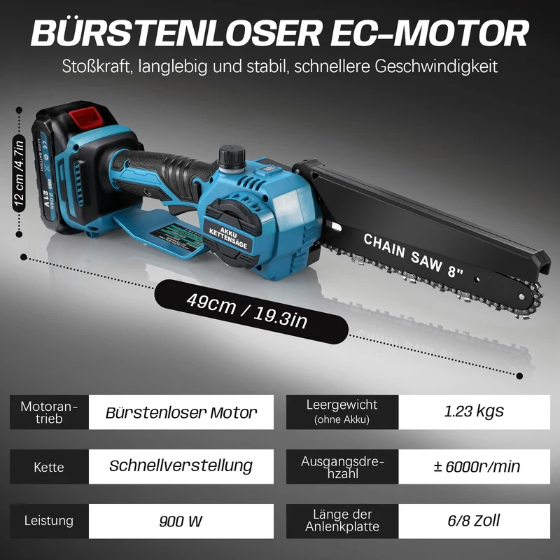XIIW Akku-Kettensäge 6 + 8 Zoll, bürstenlose Mini-Kettensäge 900 W, 2×2,0 Ah Akkus, Ölsystem, 4 Ketten, werkzeuglose Kettenspannung, Koffer