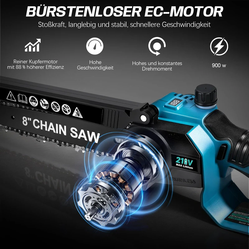 XIIW Akku-Kettensäge 6 + 8 Zoll, bürstenlose Mini-Kettensäge 900 W, 2×2,0 Ah Akkus, Ölsystem, 4 Ketten, werkzeuglose Kettenspannung, Koffer