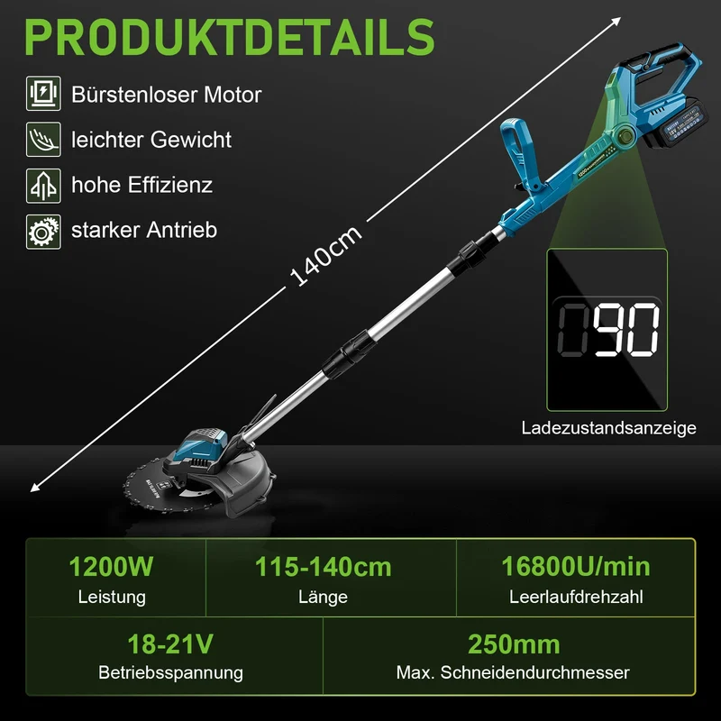 XIIW Akku Freischneider 1200 W, 16800 U/min, 2 x 4,0 Ah Akkus, 3 Unkrautbürsten, Metallmesser und Kreissägeblatt