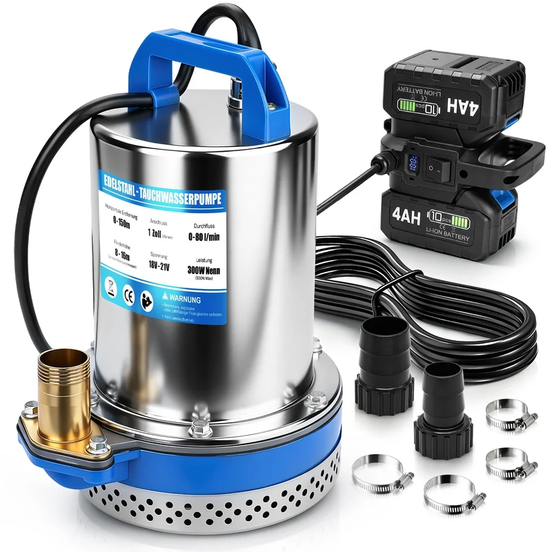 XIIW Akku-Klarwasserpumpe 300W mit 2×4Ah Akkus – Edelstahl Tauchpumpe, 80 l/min, 16 m, IPX8, 1 Zoll, für Pool, Teich, Keller & Regenfass