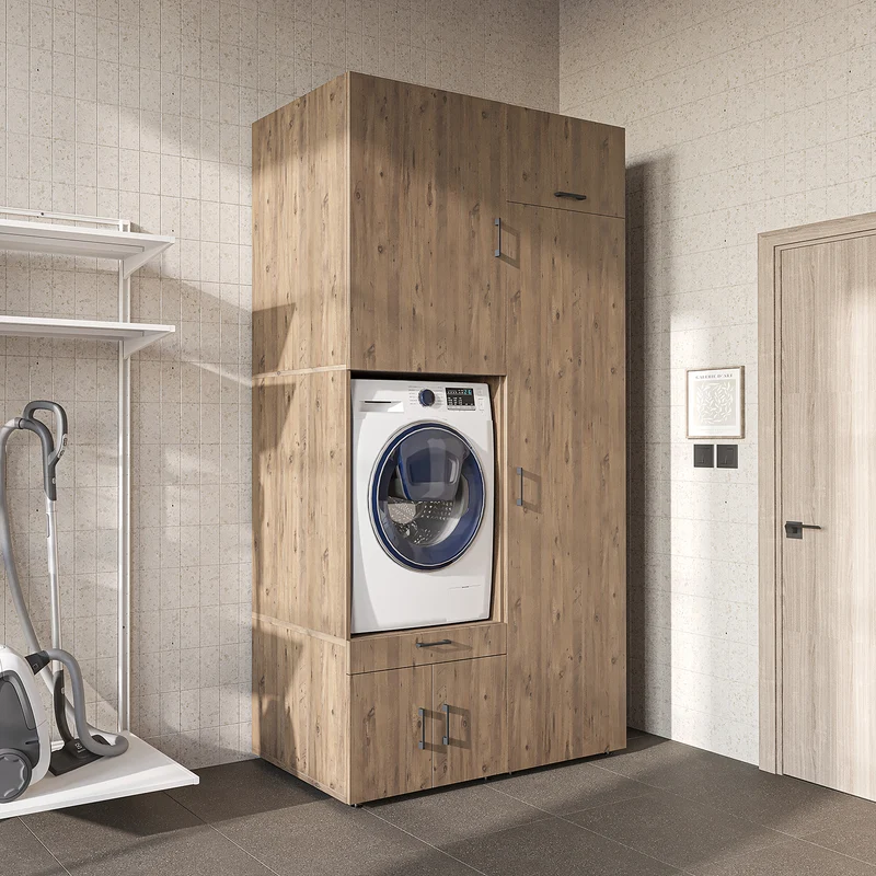 Roomart wasmachinekast 127 cm met hoge kast, 240 cm hoog, uittrekbaar werkblad, in 3 kleuren