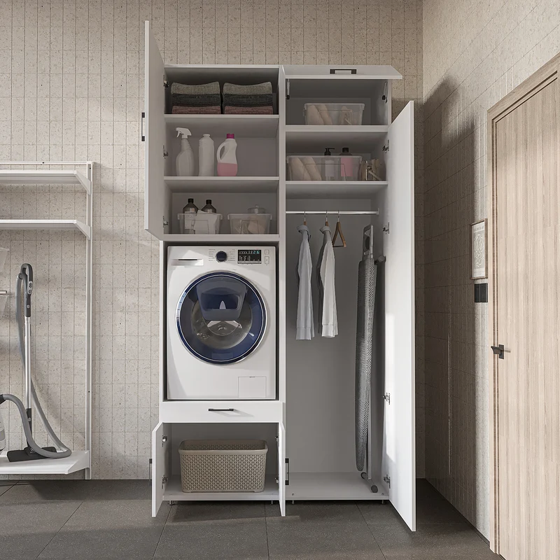 Roomart wasmachinekast 127 cm met hoge kast, 240 cm hoog, uittrekbaar werkblad, in 3 kleuren