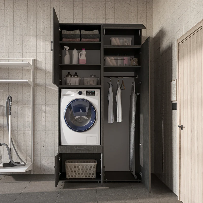 Roomart wasmachinekast 127 cm met hoge kast, 240 cm hoog, uittrekbaar werkblad, in 3 kleuren