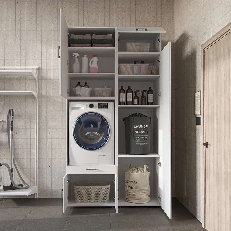Roomart wasmachinekast 127 cm met hoge kast, 240 cm hoog, uittrekbaar werkblad, in 3 kleuren