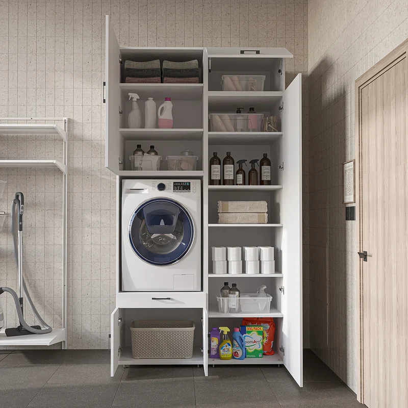 Roomart wasmachinekast 127 cm met hoge kast, 240 cm hoog, uittrekbaar werkblad, in 3 kleuren