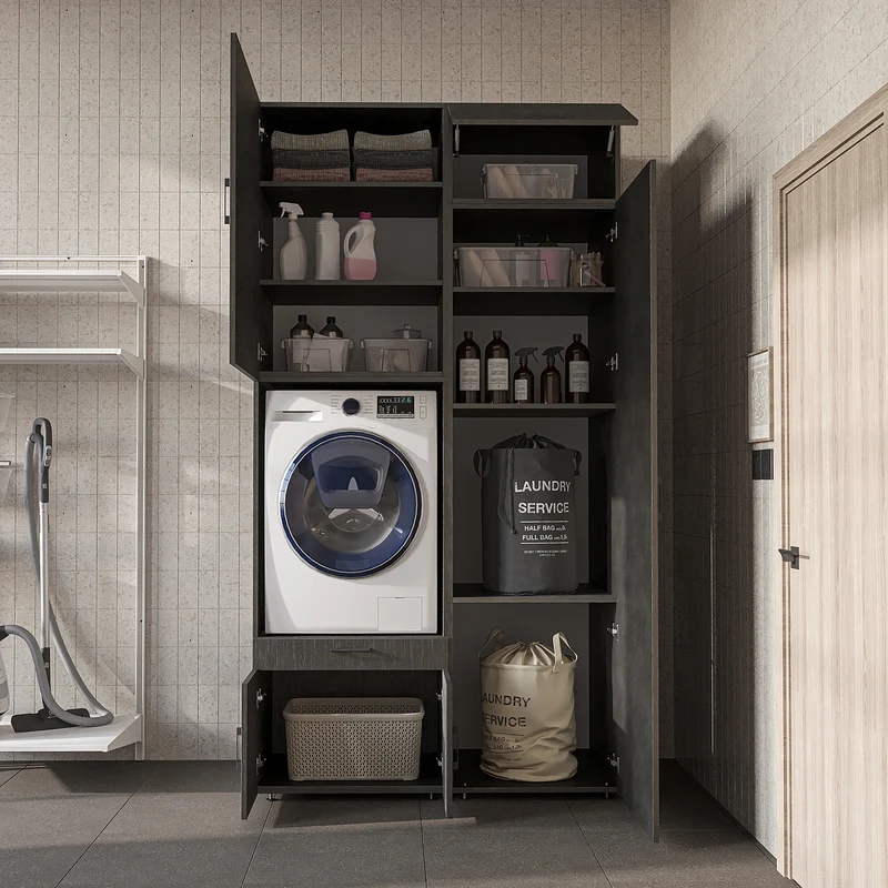 Roomart wasmachinekast 127 cm met hoge kast, 240 cm hoog, uittrekbaar werkblad, in 3 kleuren