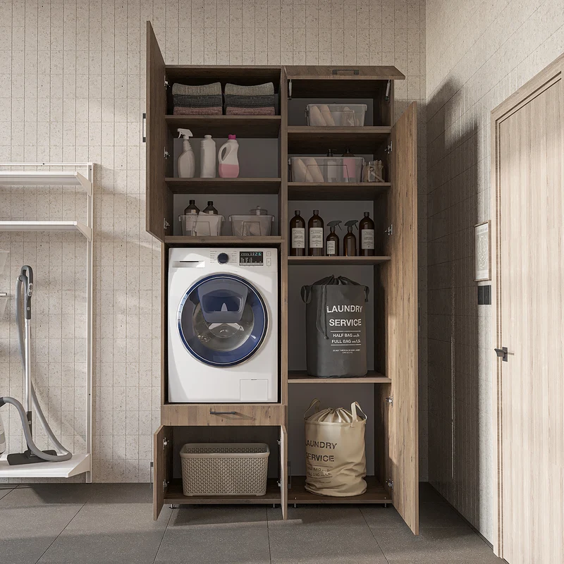 Roomart wasmachinekast 127 cm met hoge kast, 240 cm hoog, uittrekbaar werkblad, in 3 kleuren