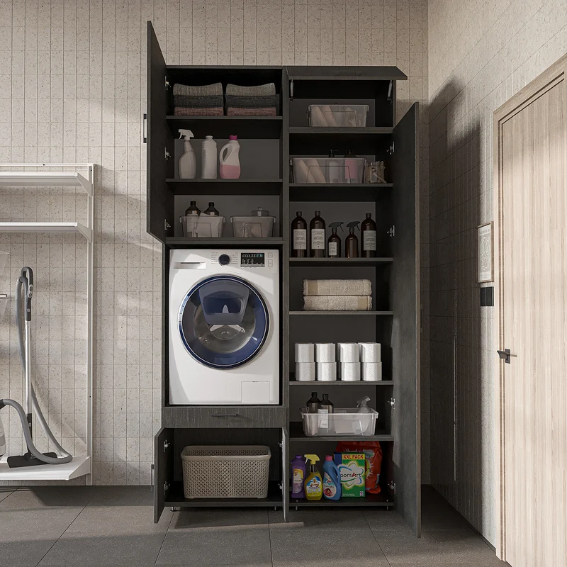 Roomart wasmachinekast 127 cm met hoge kast, 240 cm hoog, uittrekbaar werkblad, in 3 kleuren