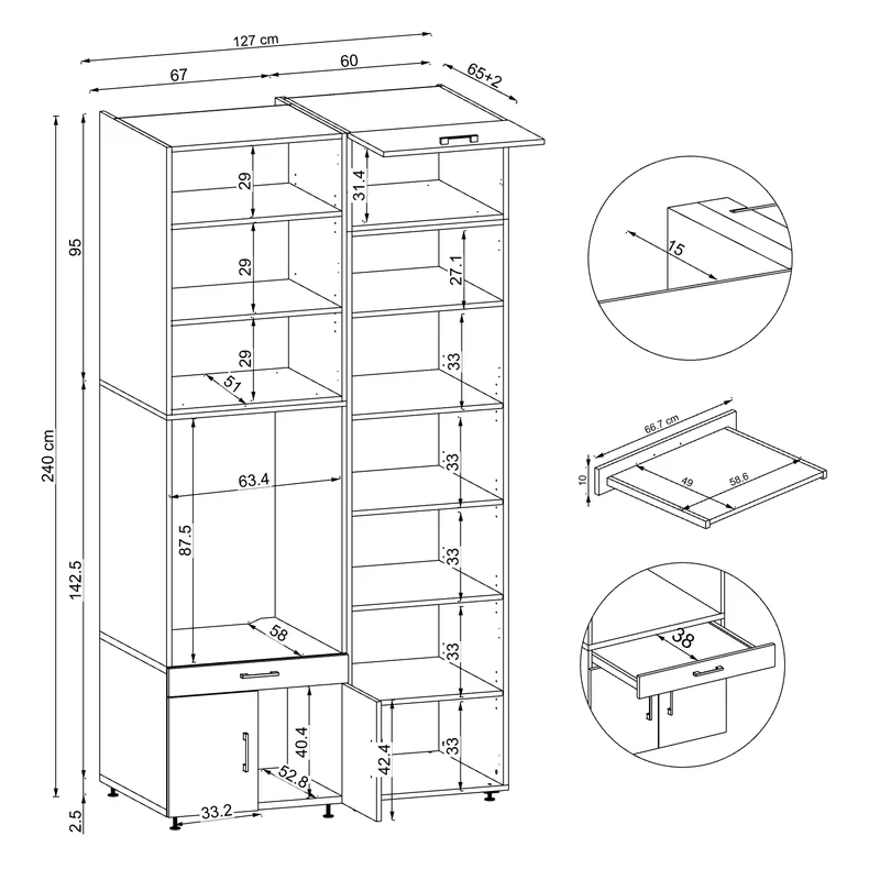 Roomart wasmachinekast 127 cm met hoge kast, 240 cm hoog, uittrekbaar werkblad, in 3 kleuren