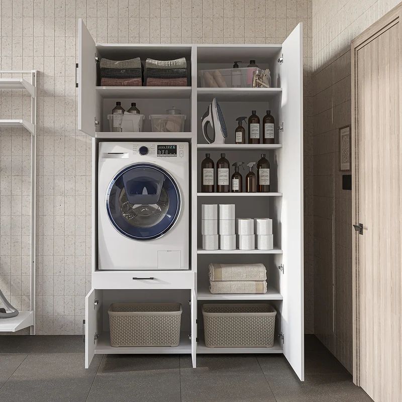 Roomart wasmachinekast 127 cm met hoge kast, 236 cm hoog, uitschuifbaar blad, in 3 kleuren