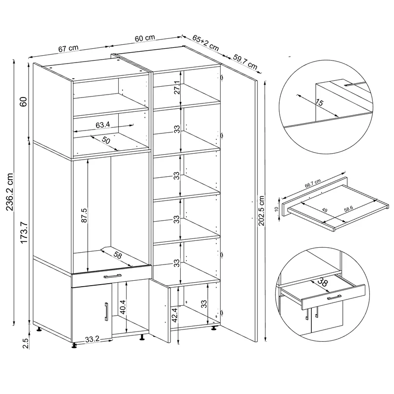 Roomart wasmachinekast 127 cm met hoge kast, 236 cm hoog, uitschuifbaar blad, in 3 kleuren