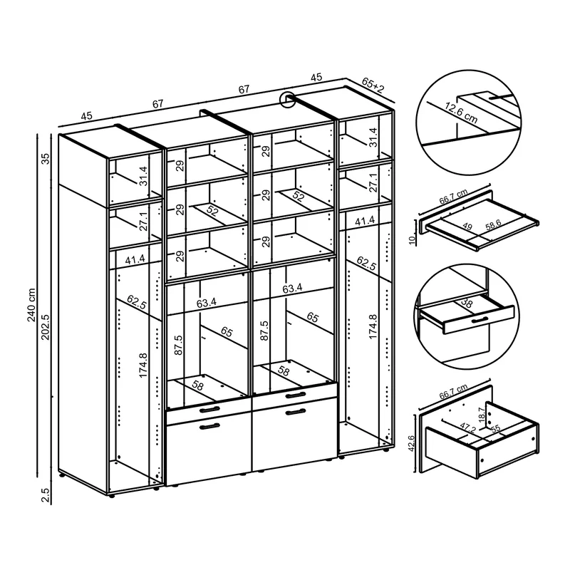Roomart wandmeubel SERIE 2, 224 cm, voor 2 apparaten met 2 hoge kasten, in 3 kleuren