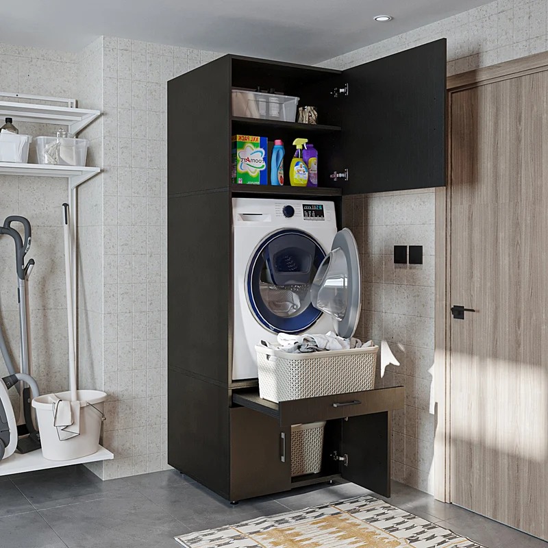 Roomart wasmachinekast 205 cm met bovenkast en uitschuifbaar werkblad, in 3 kleuren