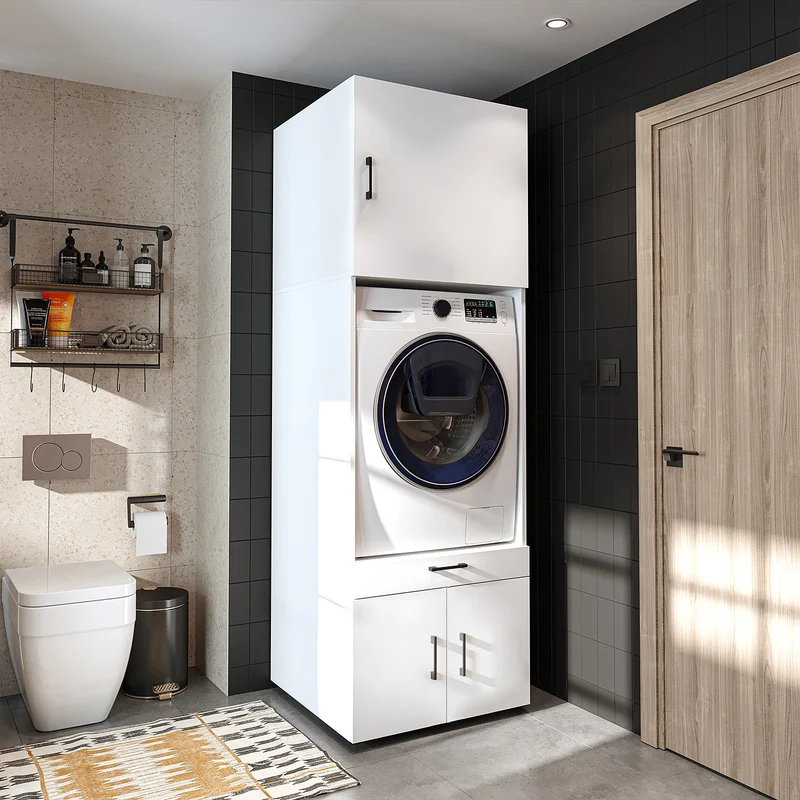 Roomart wasmachinekast 205 cm met bovenkast en uitschuifbaar werkblad, in 3 kleuren