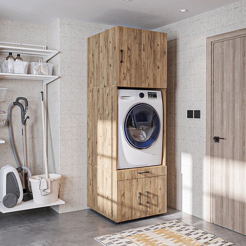 Roomart wasmachinekast 205 cm met bovenkast en uitschuifbaar werkblad, in 3 kleuren