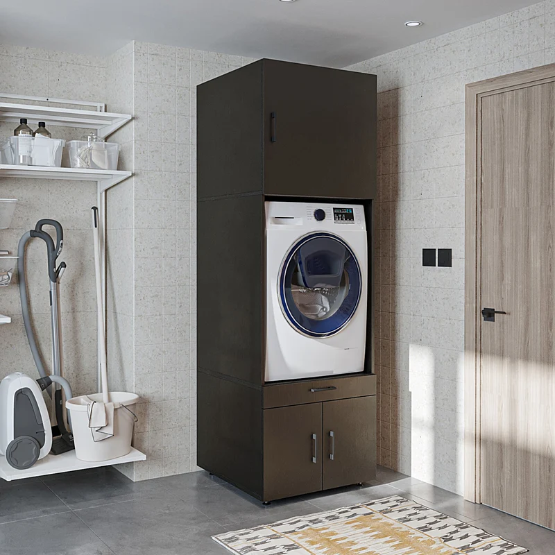 Roomart wasmachinekast 205 cm met bovenkast en uitschuifbaar werkblad, in 3 kleuren