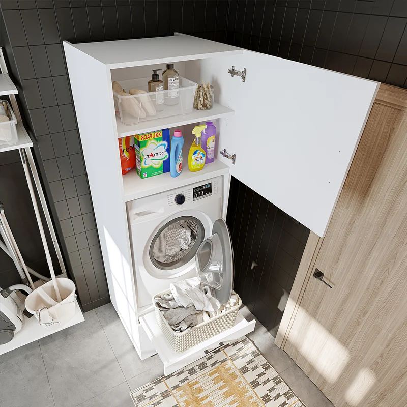 Roomart wasmachinekast 205 cm met bovenkast en uitschuifbaar werkblad, in 3 kleuren
