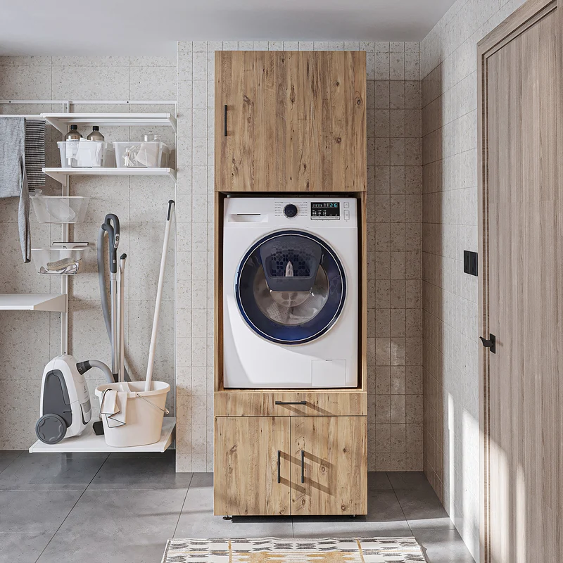 Roomart wasmachinekast 205 cm met bovenkast en uitschuifbaar werkblad, in 3 kleuren