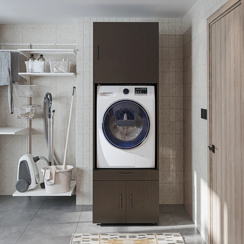 Roomart wasmachinekast 205 cm met bovenkast en uitschuifbaar werkblad, in 3 kleuren