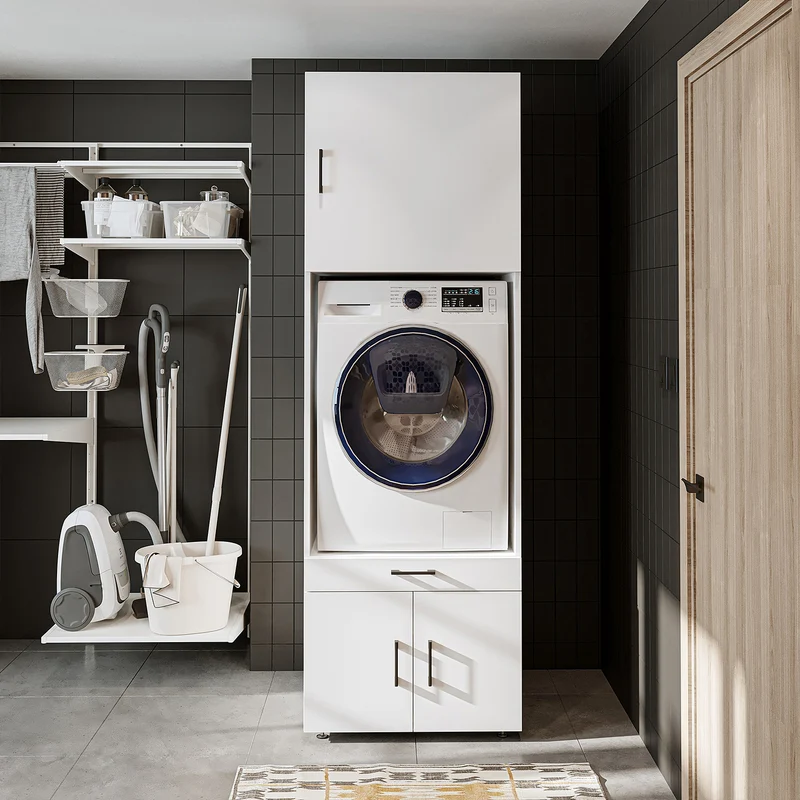 Roomart wasmachinekast 205 cm met bovenkast en uitschuifbaar werkblad, in 3 kleuren