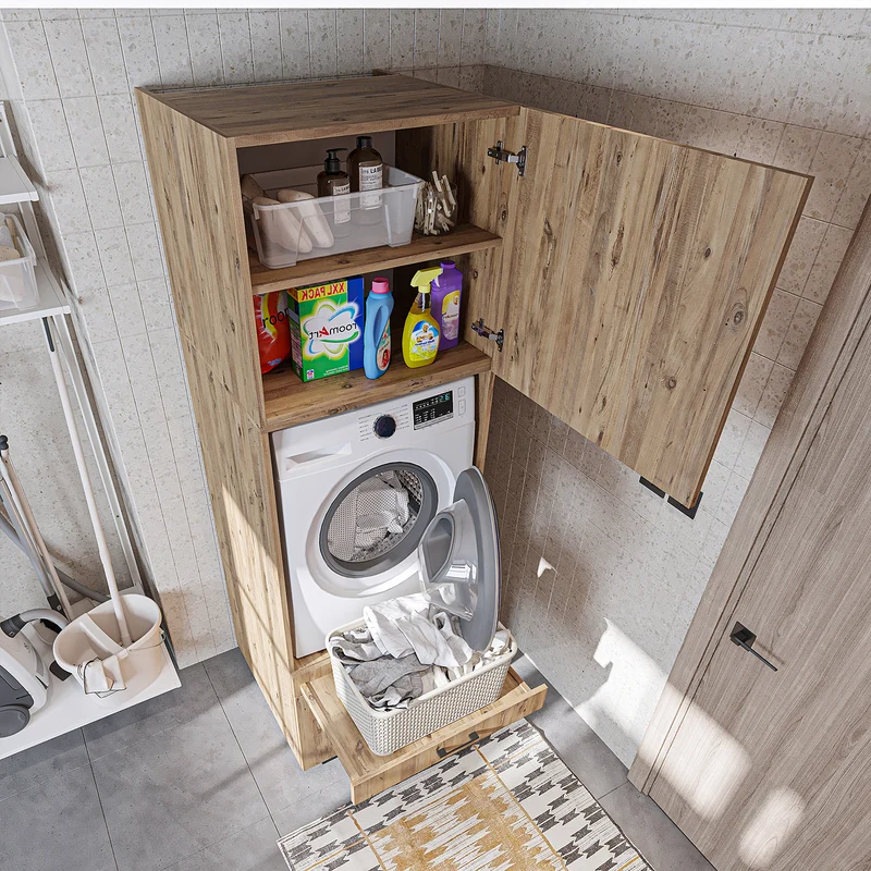 Roomart wasmachinekast 205 cm met bovenkast en uitschuifbaar werkblad, in 3 kleuren