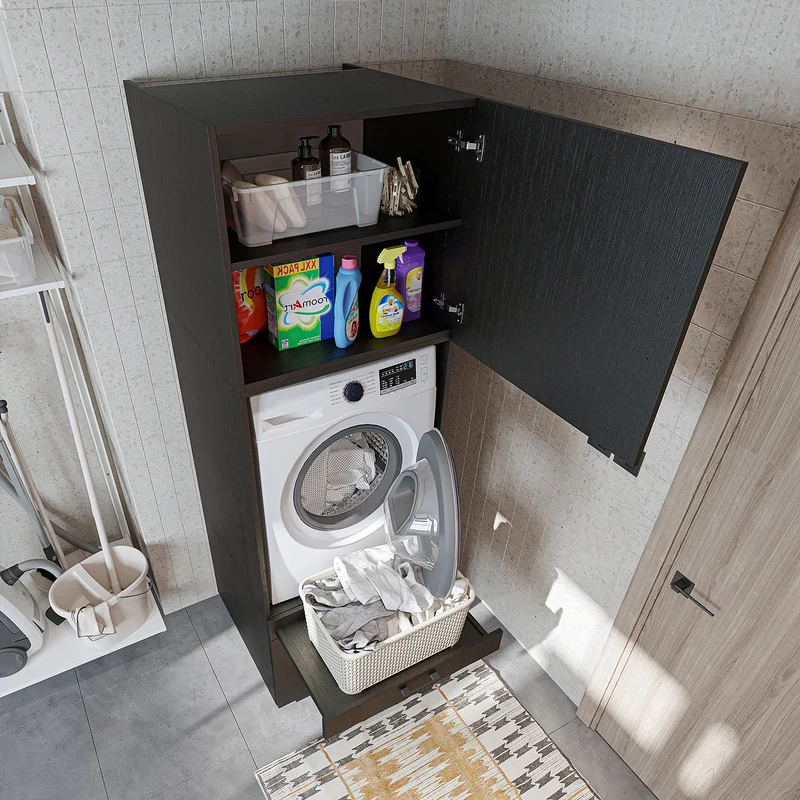 Roomart wasmachinekast 205 cm met bovenkast en uitschuifbaar werkblad, in 3 kleuren