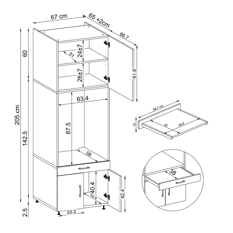 Roomart wasmachinekast 205 cm met bovenkast en uitschuifbaar werkblad, in 3 kleuren
