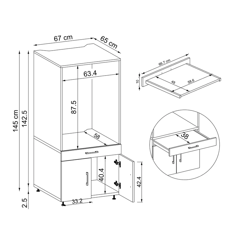 Roomart wasmachinekast 67 cm met uittrekplateau en lade, in 3 kleuren