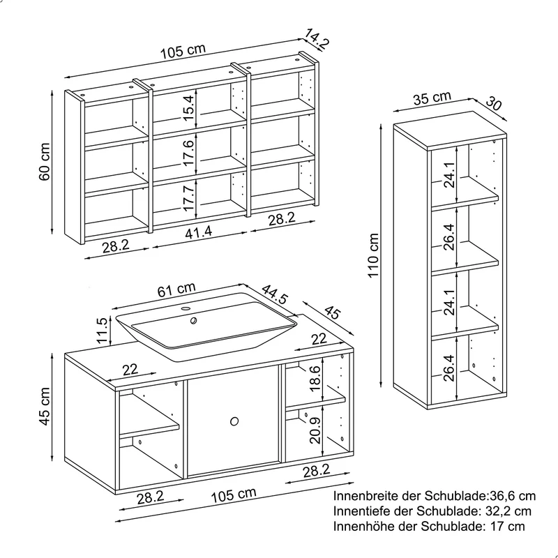 Roomart badmeubelset GUSTO-ATL 105 cm, 4-delig met keramische wastafel en spiegelkast