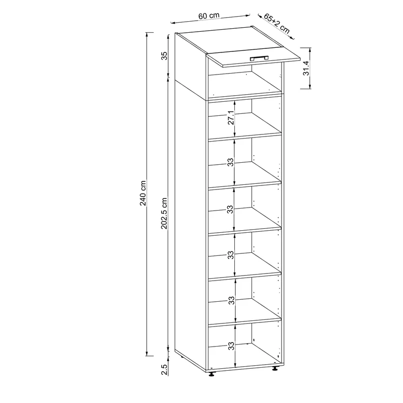 Roomart hoge kast 60 cm voor wasruimte, 205 cm hoog, soft-close, in 3 kleuren
