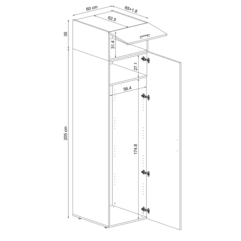Roomart hoge kast 60 cm voor wasruimte, 205 cm hoog, soft-close, in 3 kleuren