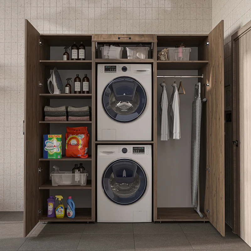 Roomart wandmeubel DUO-I, 187 cm, met 2 hoge kasten en bovenkast voor wasmachine & droger, in 2 kleuren