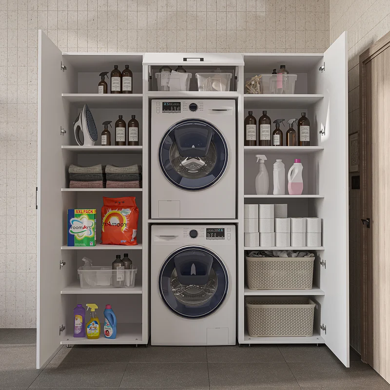 Roomart wandmeubel DUO-I, 187 cm, met 2 hoge kasten en bovenkast voor wasmachine & droger, in 2 kleuren