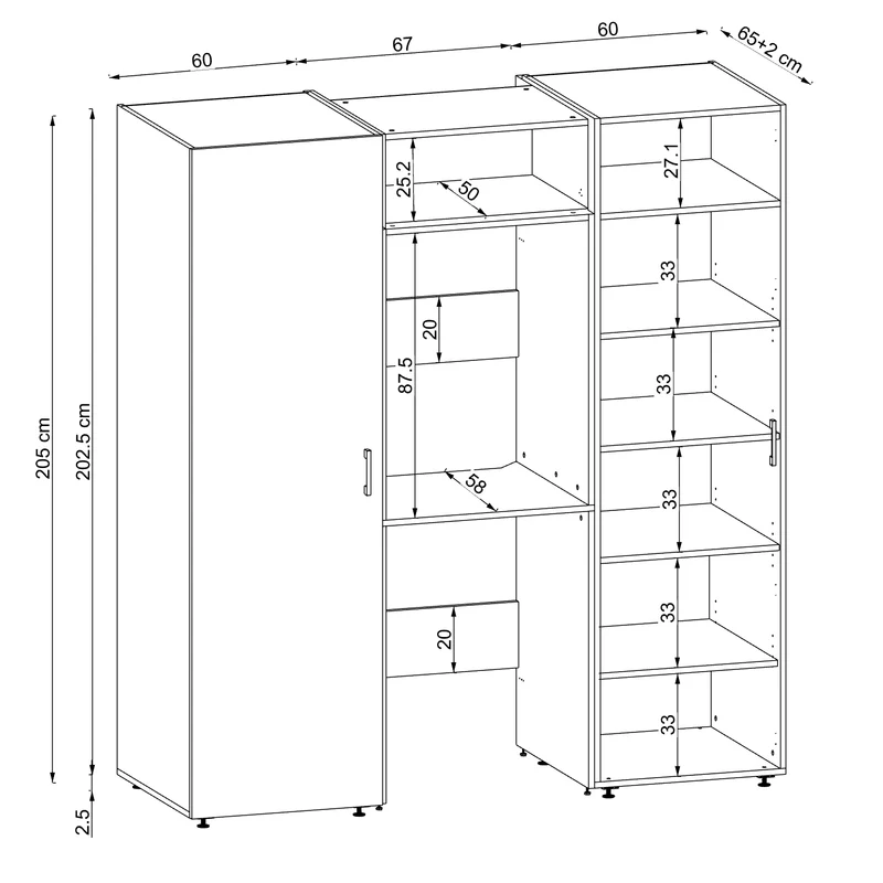 Roomart wandmeubel DUO-I, 187 cm, met 2 hoge kasten en bovenkast voor wasmachine & droger, in 2 kleuren