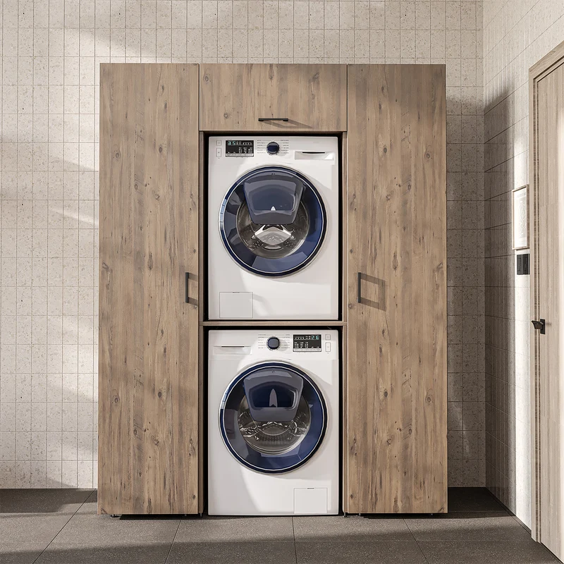 Roomart kastenwand DUO-I, 157 cm, met 2 hoge kasten en bovenkast voor wasmachine & droger, in 2 kleuren