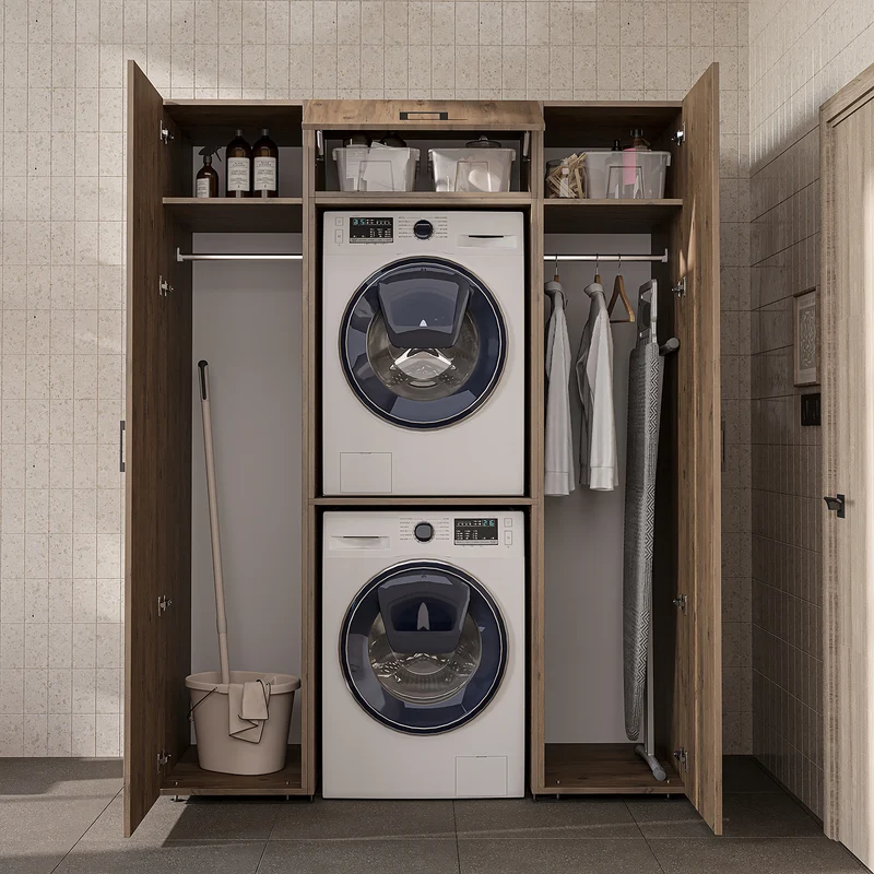 Roomart kastenwand DUO-I, 157 cm, met 2 hoge kasten en bovenkast voor wasmachine & droger, in 2 kleuren