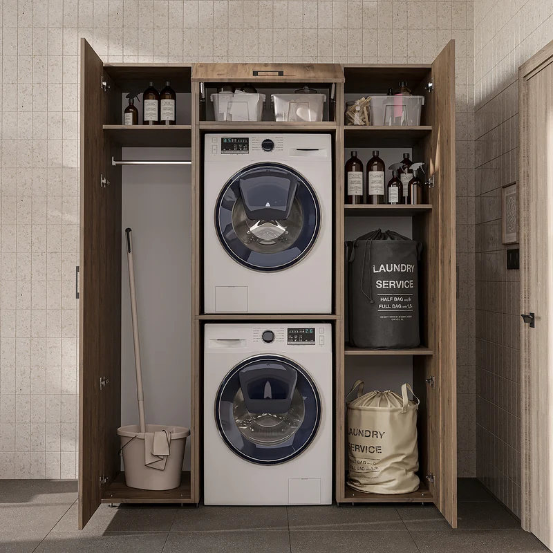 Roomart kastenwand DUO-I, 157 cm, met 2 hoge kasten en bovenkast voor wasmachine & droger, in 2 kleuren