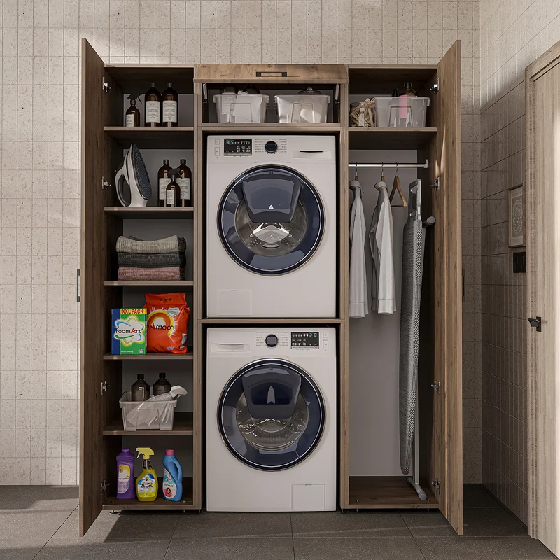 Roomart kastenwand DUO-I, 157 cm, met 2 hoge kasten en bovenkast voor wasmachine & droger, in 2 kleuren