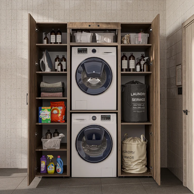 Roomart kastenwand DUO-I, 157 cm, met 2 hoge kasten en bovenkast voor wasmachine & droger, in 2 kleuren