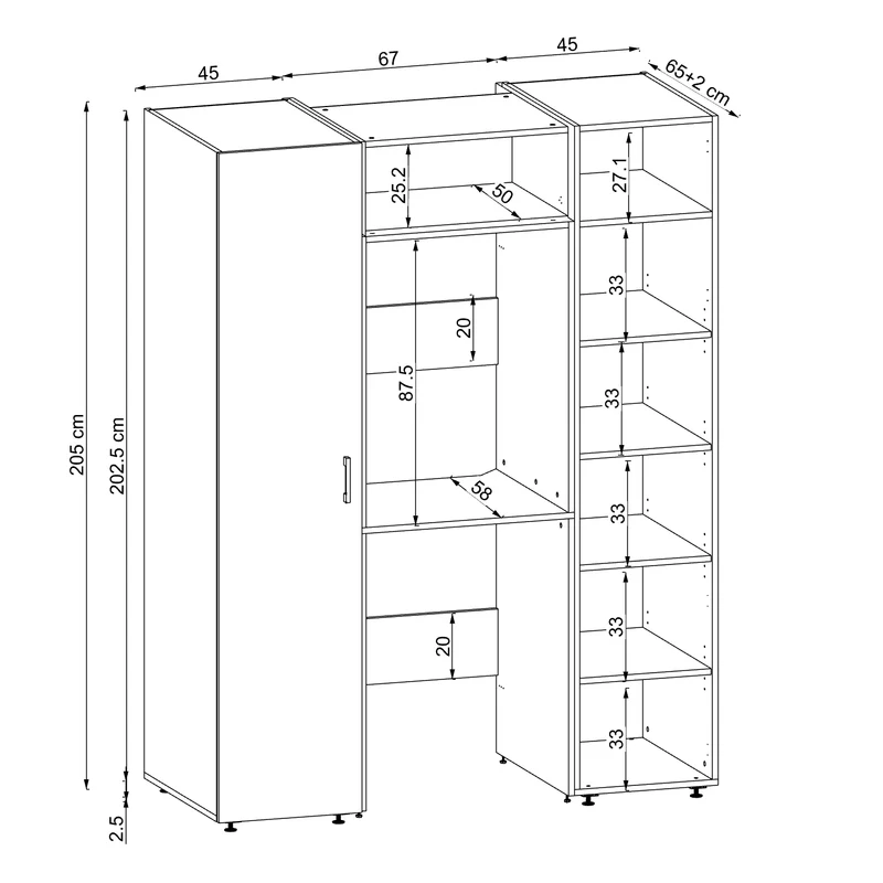 Roomart kastenwand DUO-I, 157 cm, met 2 hoge kasten en bovenkast voor wasmachine & droger, in 2 kleuren