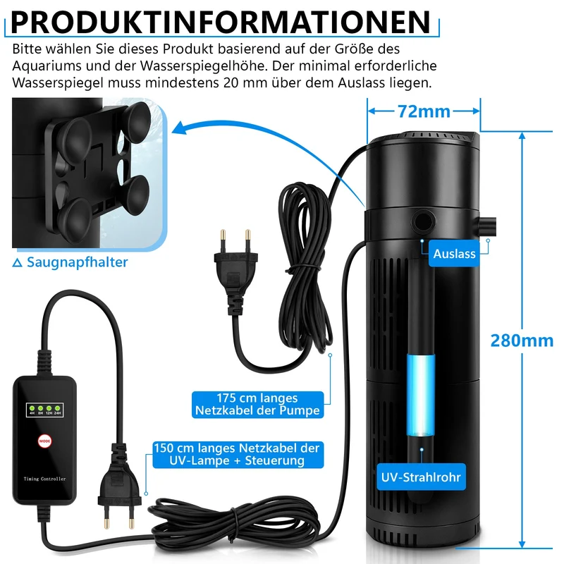 XIIW Aquarium UVC Klärer Pumpe 1800L/H, 4-in-1 UV-C Innenfilter gegen grünes & trübes Wasser, für 300–700L