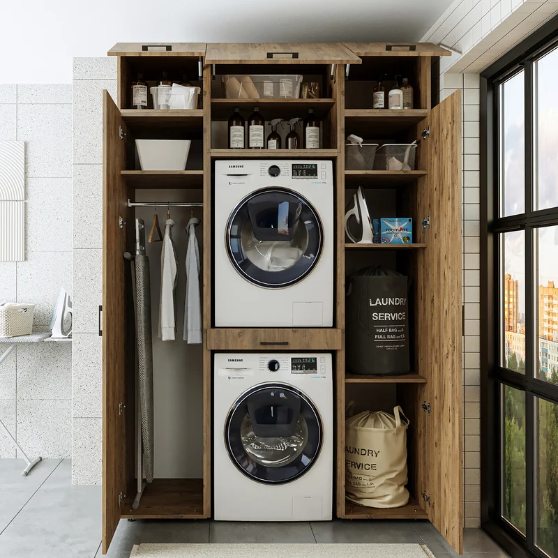 Roomart wasmachinekast 157 cm, voor 2 apparaten met 2 hoge kasten, in 3 kleuren