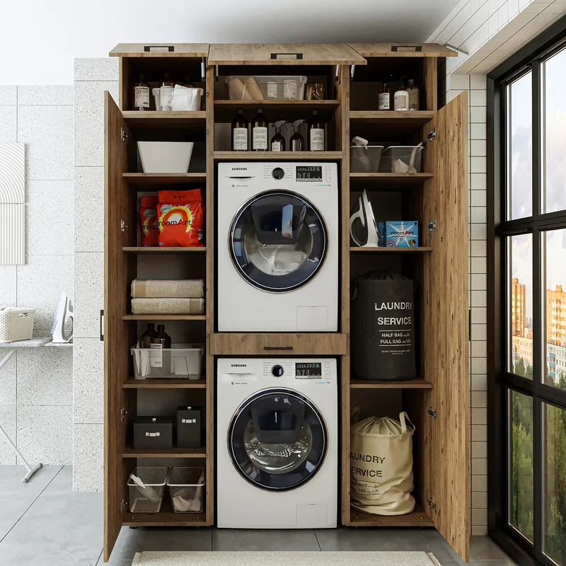 Roomart wasmachinekast 157 cm, voor 2 apparaten met 2 hoge kasten, in 3 kleuren