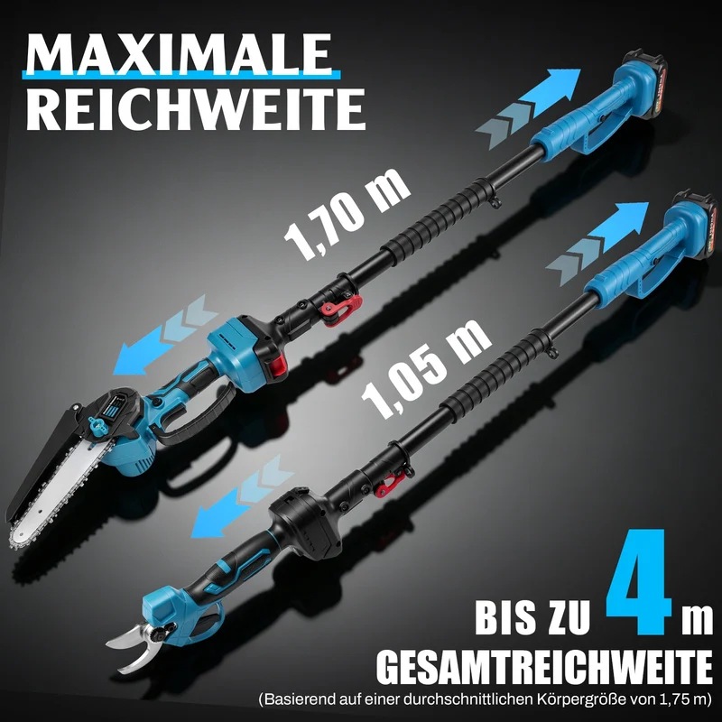 4-in-1 Akku Hochentaster Set 600W, Teleskopstange 1,05-1,7 m, Arbeitshöhe bis 4 m, 6 Zoll Mini-Kettensäge & Gartenschere, mit 2x 2,0Ah Akku