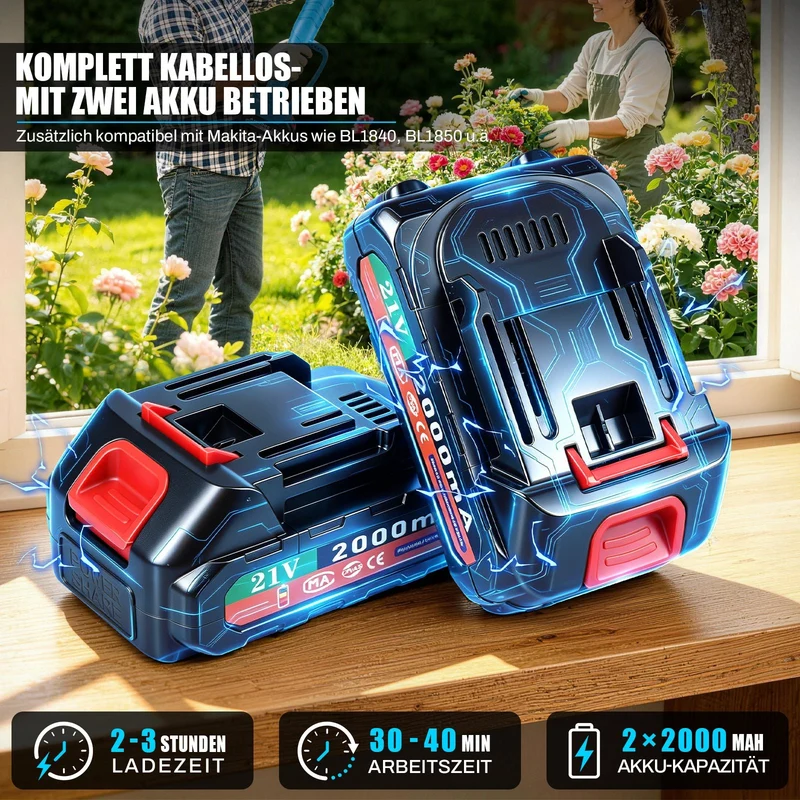 4-in-1 Akku Hochentaster Set 600W, Teleskopstange 1,05-1,7 m, Arbeitshöhe bis 4 m, 6 Zoll Mini-Kettensäge & Gartenschere, mit 2x 2,0Ah Akku